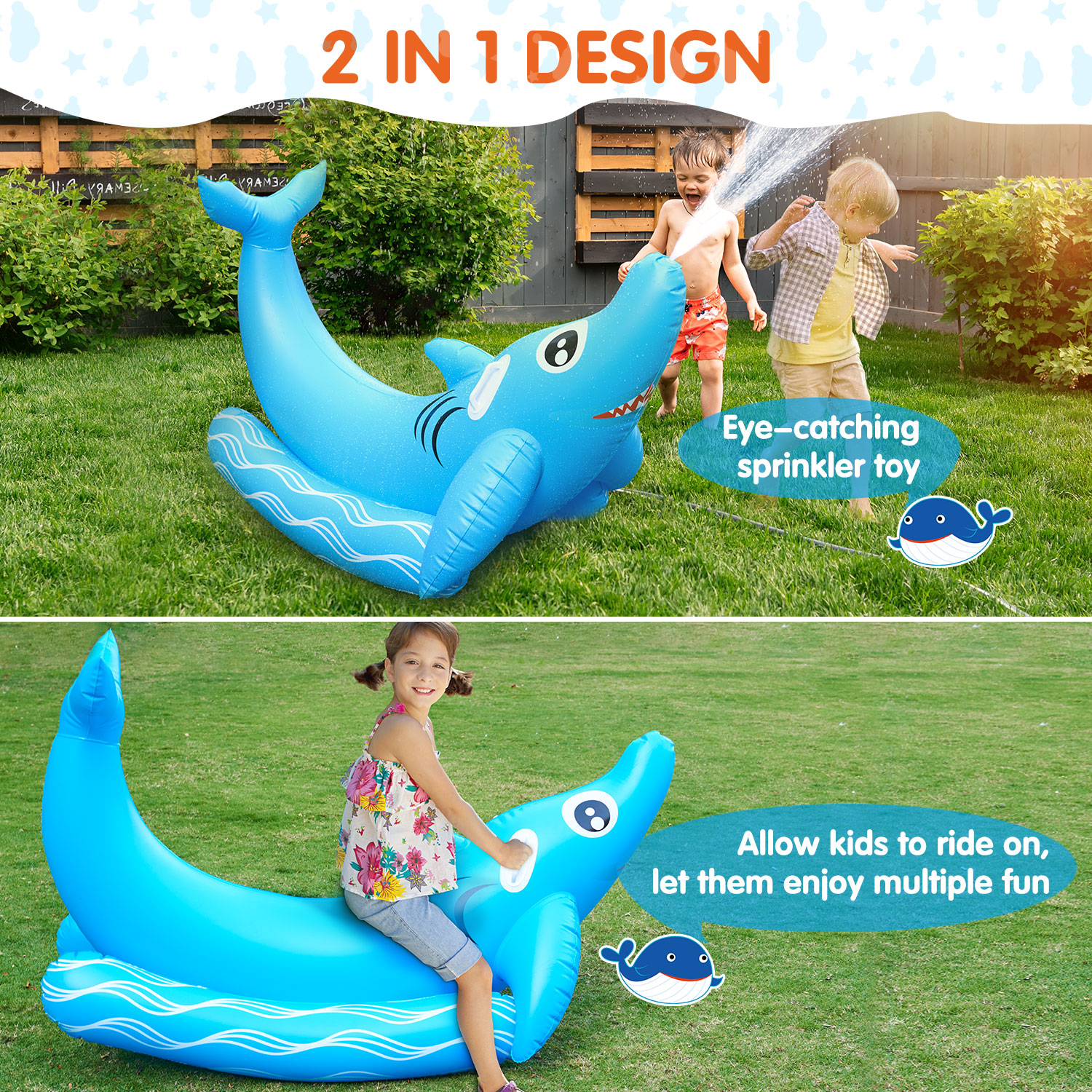 Kids Sprinkler, Shark Sprinkler for Kids, Inflatable Ride-on Float with